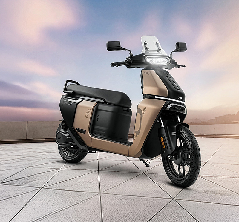 TVS electric scooter charging ahead on an open terrace