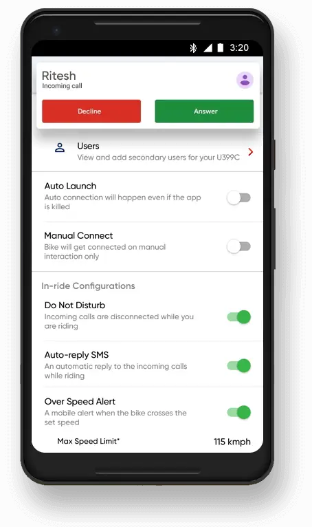 TVS RR 310 Cellular functionality mobile
