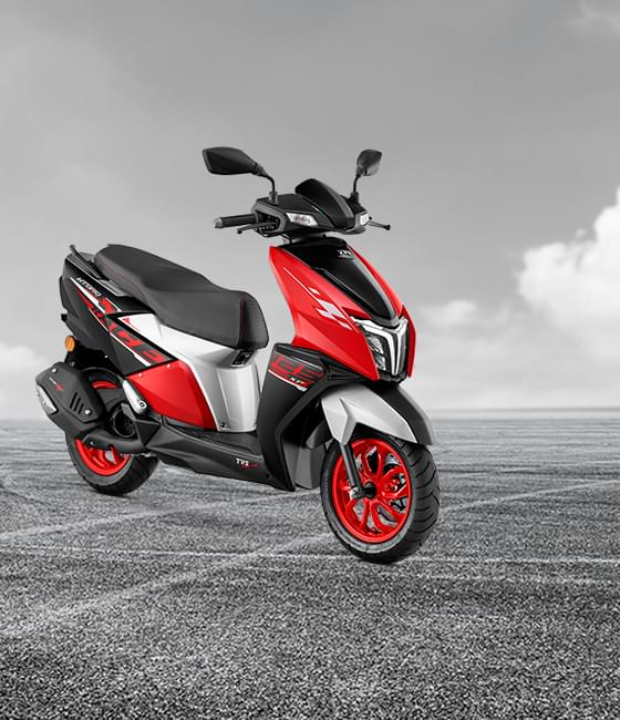 TVS Ntorq XP 125 scooter is presented in an overview image, highlighting its dynamic black and red color