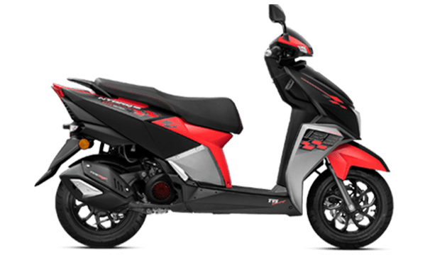 The TVS Ntorq 125 Race Edition scooter is presented in a vibrant red and black colorway