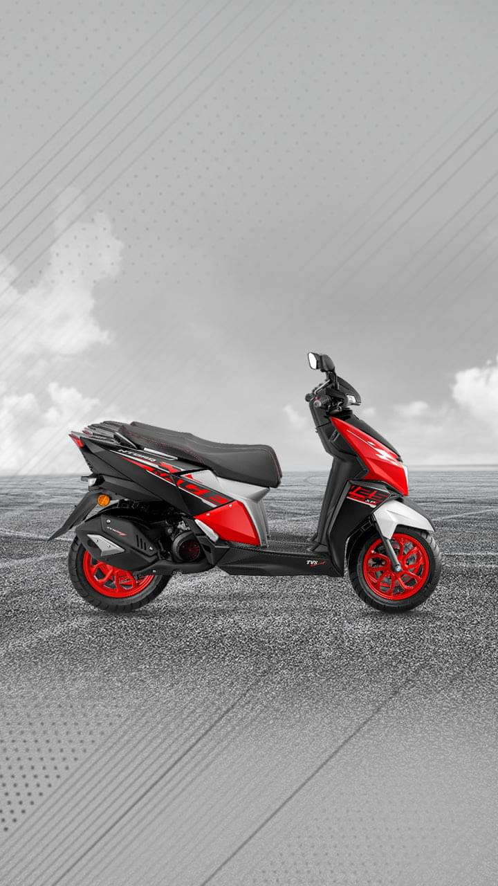 The TVS Ntorq 125 XP scooter stands out in a bold black and red color combination